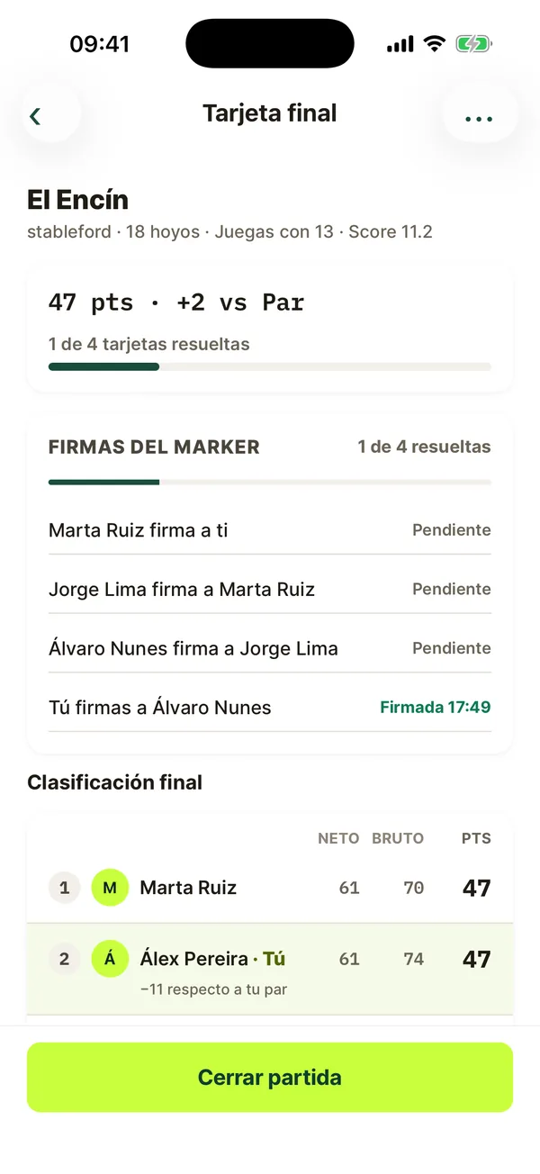 Firmas del marker al cerrar la tarjeta