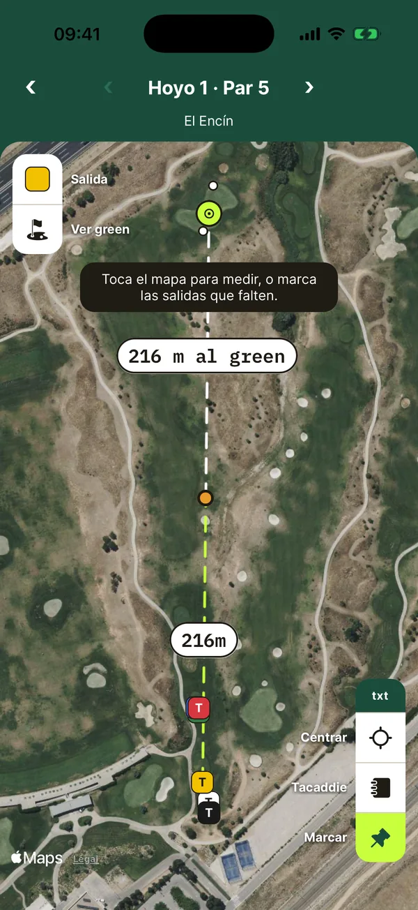 Mapa GPS del hoyo 1 con el grupo en vivo y 175 m al green